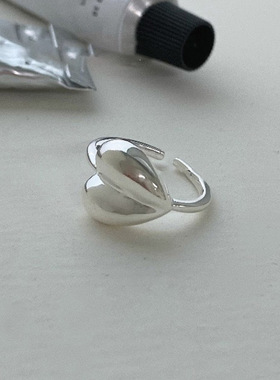 韩国S925纯银大爱心戒指女开口可调节轻奢小众设计感冷淡风食指戒