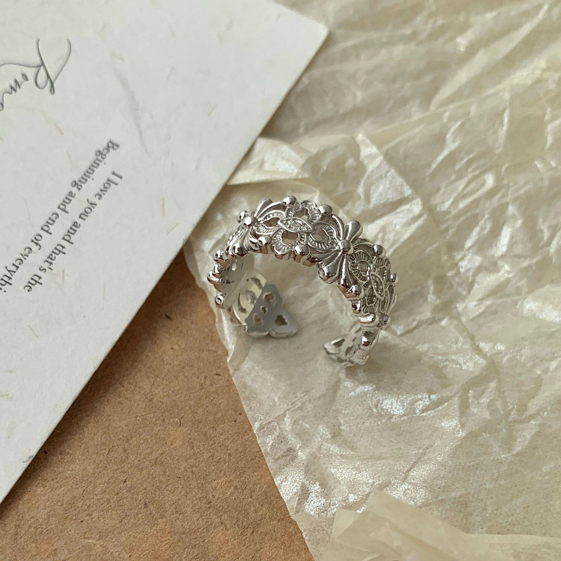 S925纯银蕾丝花朵戒指女款中古复