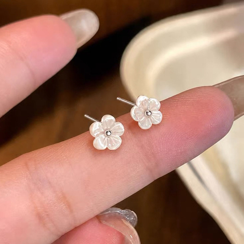 S999足银白贝壳花朵耳钉女温柔i