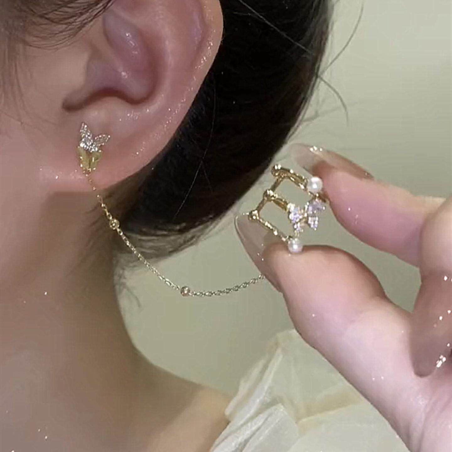 同款微镶锆石轻奢流苏蝴蝶耳夹