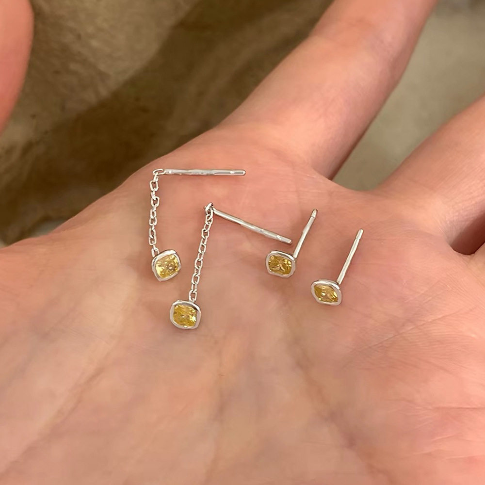 S999足银黄色方钻耳线女简约小众