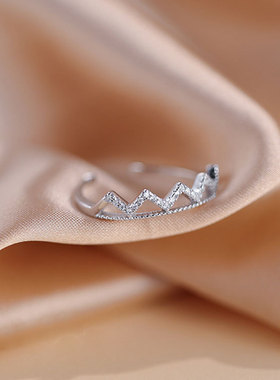925纯银波浪戒指女锆石皇冠小众指环不掉色设计感简约戒子
