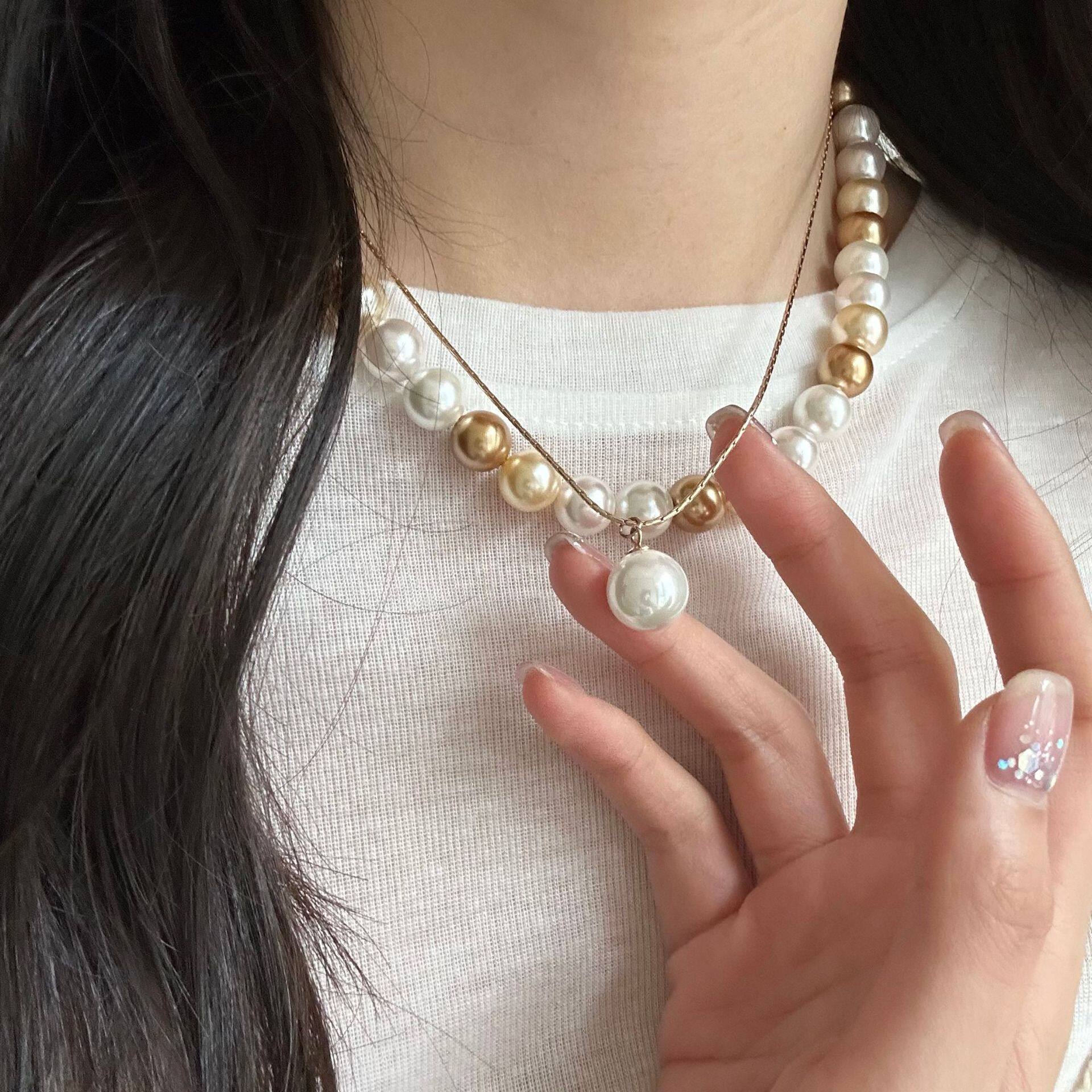 金色珍珠项链s925通体纯银女精致