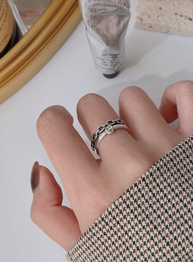 S925纯银笑脸戒指女个性韩版ins潮东大门简约时尚复古开口食指戒