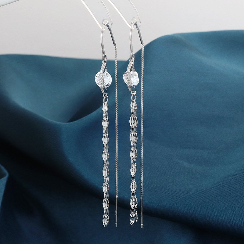 欧美时尚潮s925纯银长款流苏镶钻超闪气质耳环圆脸显瘦耳坠511EX