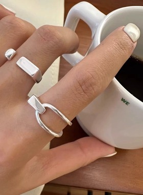 几何线条镂空戒指女不规则绳结S925纯银开口戒网红ins小众食指戒