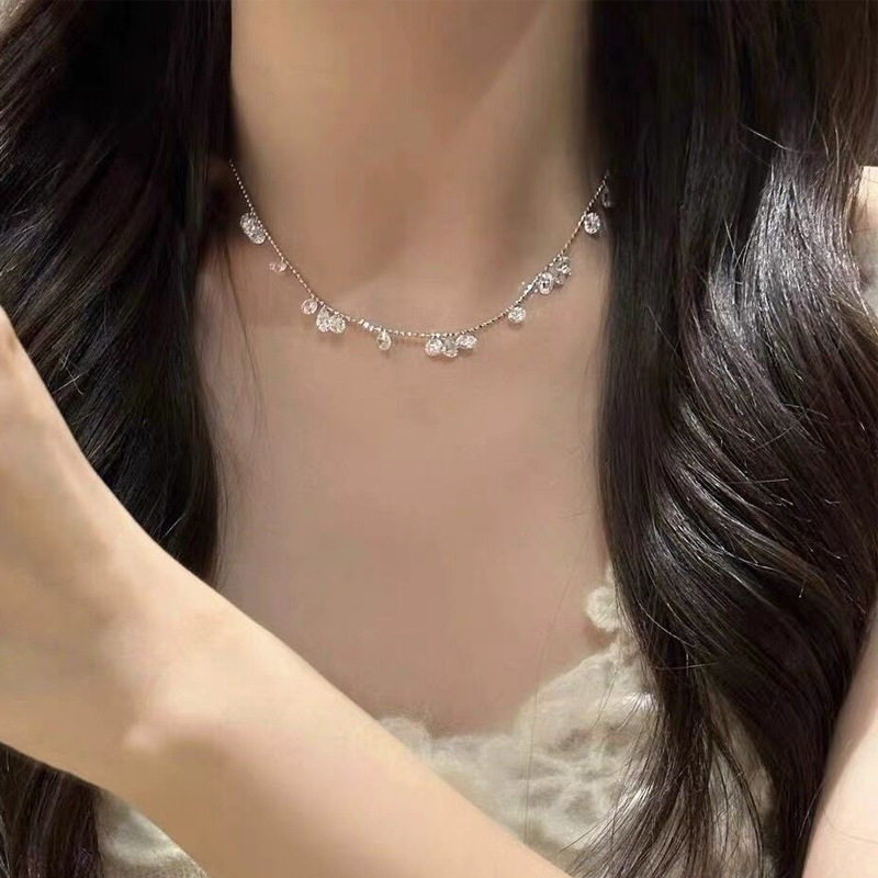 S925纯银气质水滴圆形锆石项链女