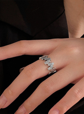 s925纯银唐草阑珊开口戒指女2023年新款国潮风花纹元素小众简约指