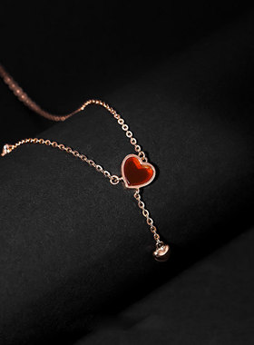 S925色彩红色爱心项链 新款个性心形锁骨链 时尚气质流苏颈链