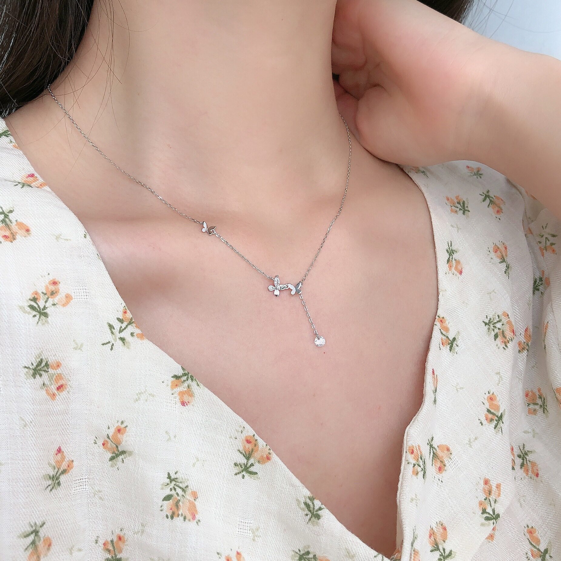 蝴蝶项链925纯银项链女短款流苏