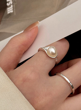 s925珍珠纯银戒指女设计小众轻奢高级感冷淡风ins潮食指开口指环