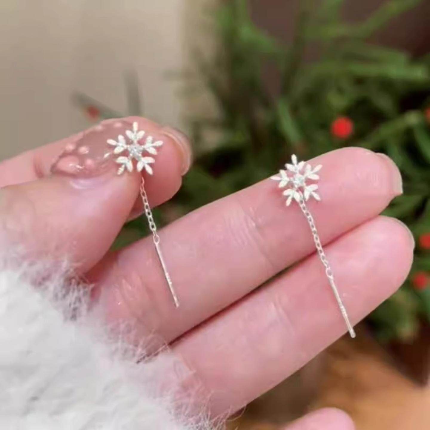 银色雪花流苏耳线耳环女小清新