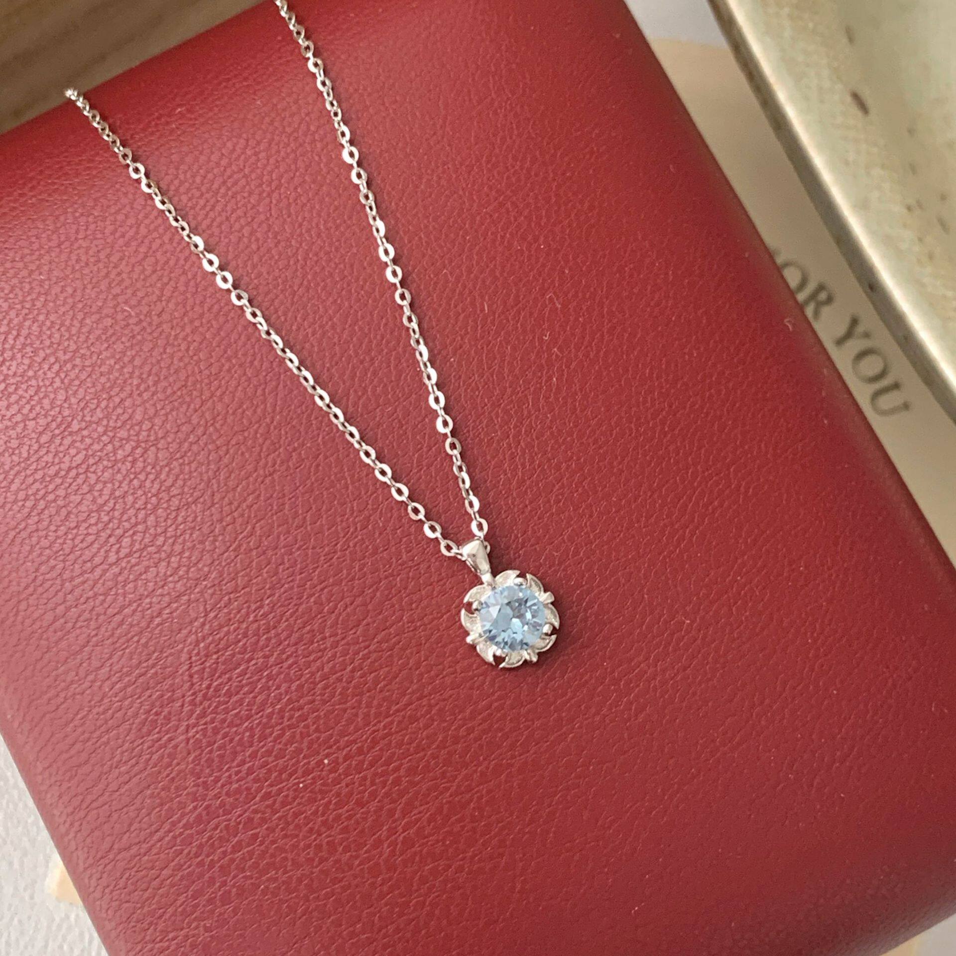 S925纯银蓝锆花朵项链女款日系复