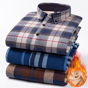 广东普宁衬衫秋冬保暖休闲格子中年爸爸装磨毛长袖加绒加厚衬衫