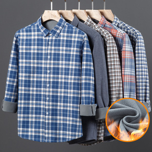 广东普宁衬衫冬季男士保暖加绒加厚纯棉格子衬衣长袖中老年衬衫
