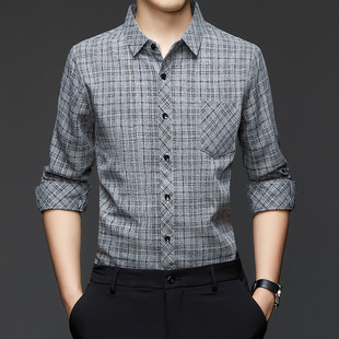 广东普宁衬衫春秋棉麻男长袖宽松薄衬衣翻领格子长袖衬衫男士