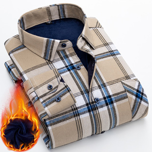 广东普宁保暖男士加绒加厚冬季长袖格子中老年休闲爸爸装衬衣