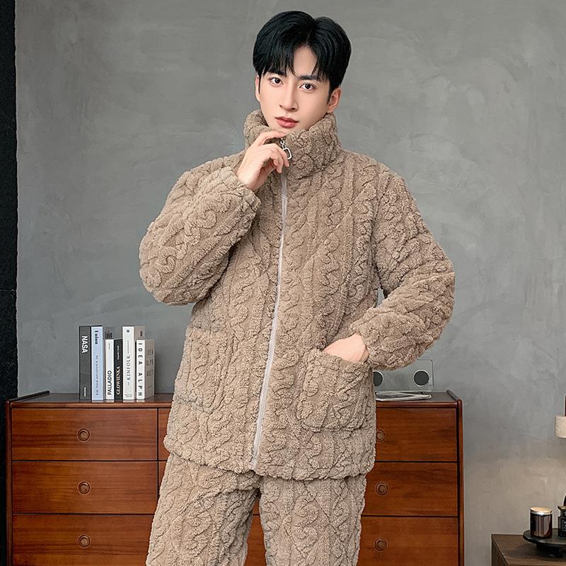 湖南省省服冬睡衣男珊瑚绒三层