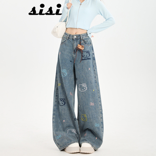 加绒KT猫复古卡通刺绣阔腿牛仔裤女秋冬新款高腰宽松个性直筒裤子