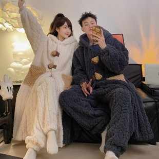 情侣睡衣女秋冬季加厚加绒珊瑚绒2025新款男士睡袍小熊家居服套装