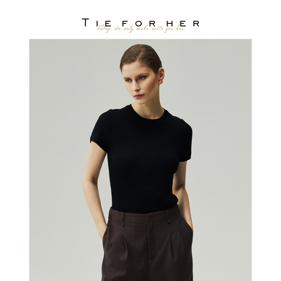 TieForHer 黑色简约舒适休闲立体分割短袖T恤棉莫代尔 26早秋新款