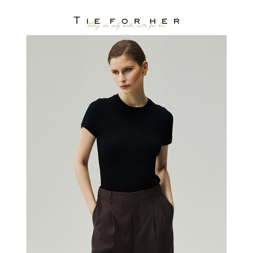TieForHer 黑色简约舒适休闲立体分割短袖T恤棉莫代尔 26早秋新款