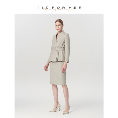 TieForHer雾松燕麦经典修身腰带款复古优雅气质短款女单西小外套