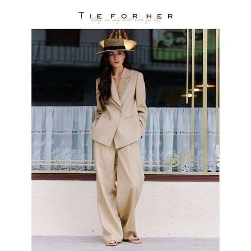 TieForHer 夏季新款亚麻奶茶色戗驳领西装女高腰直筒裤通勤套装