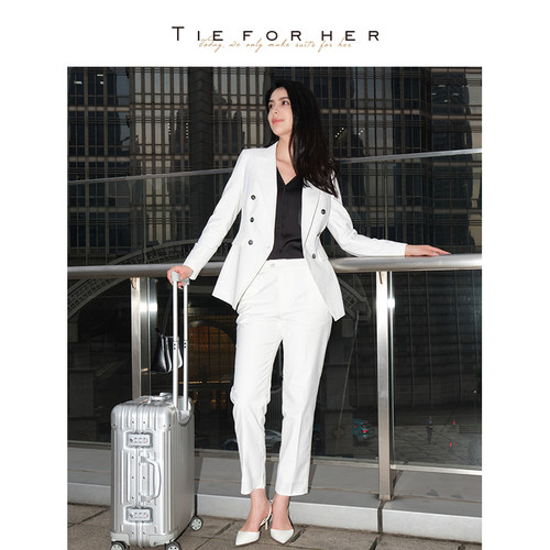 TieForHer Tzee8系列白色双排扣修身通勤职业西装夏季西服套装女