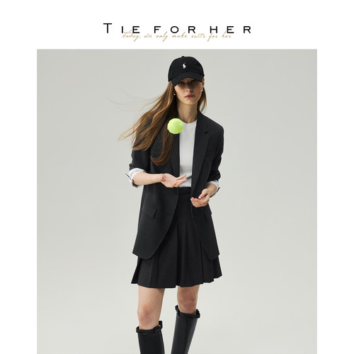 TIE FOR HER 炭灰色通勤高腰立体压褶A字短半裙 26早秋新款