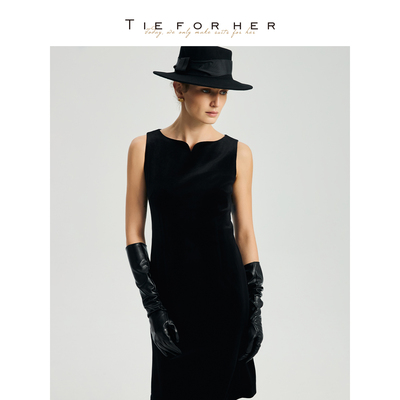 TieForHer 丝绒花瓣领鱼尾连衣裙年会晚宴裙小礼服丝绒裙女秋冬