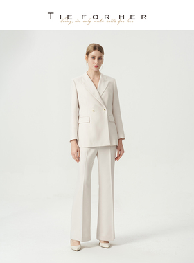 TieForHer Tzee2李冰冰同款杏白色西装直筒裤两件套女士套装TZ201