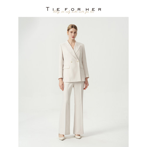 TieForHer Tzee2李冰冰同款杏白色西装直筒裤两件套女士套装TZ201