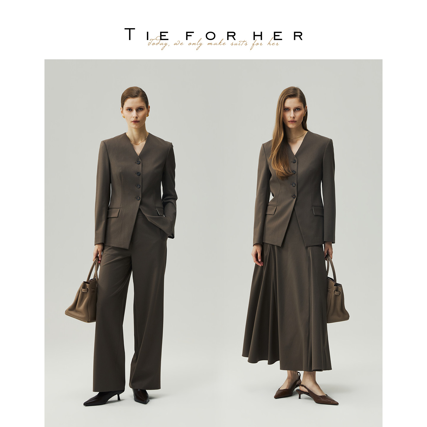 TieForHer V领单排扣外套假两件马甲连衣裙合体直筒裤 26早秋新款