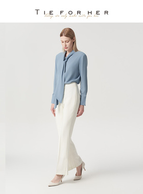 TieForHer灰蓝色设计感法式优雅职场通勤长飘带衬衫女