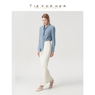 TieForHer灰蓝色设计感法式优雅职场通勤长飘带衬衫女