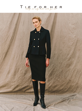 TieForHer 黑色翻领花苞下摆复古赫本风羊毛短外套半裙女早春