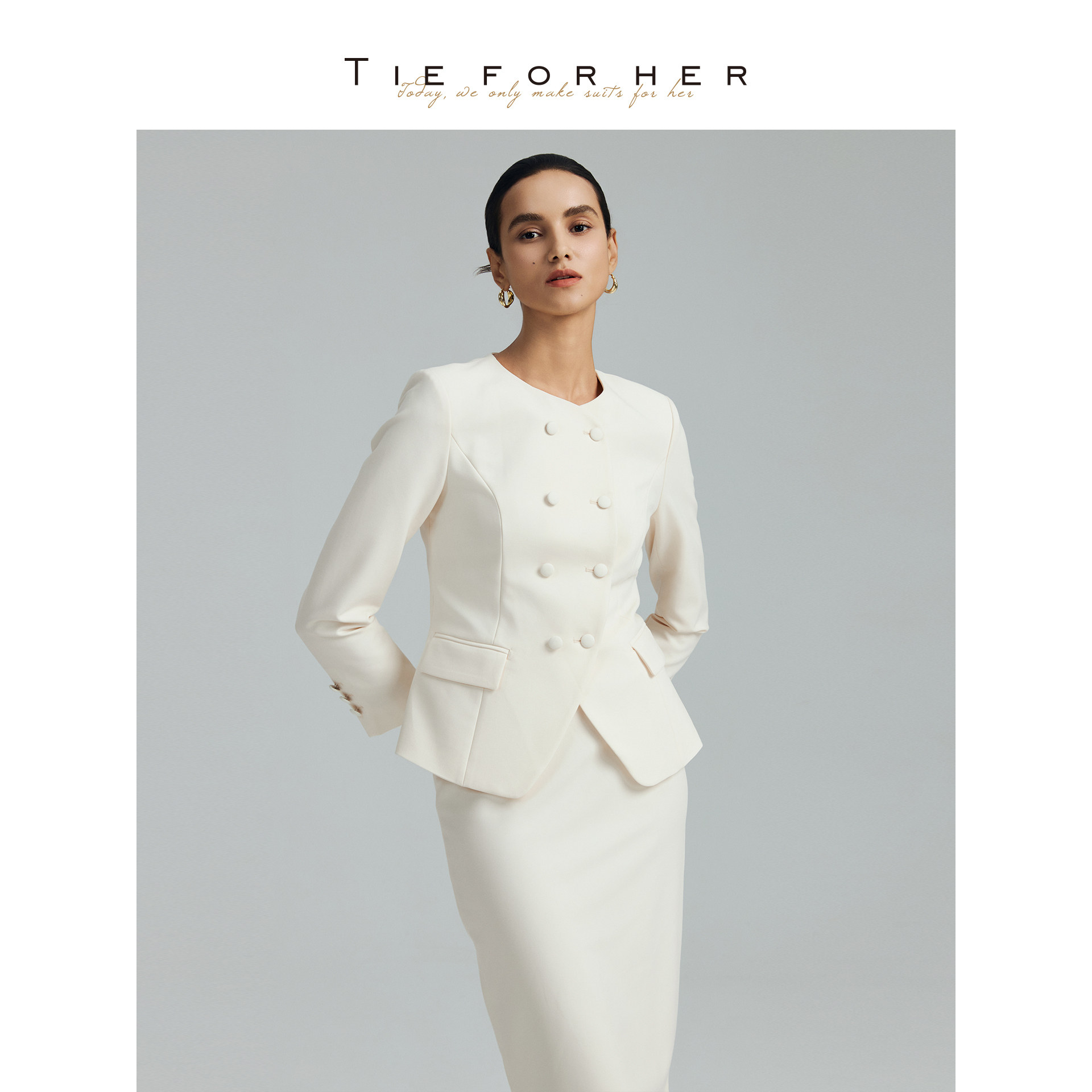 TieForHer 2026夏新款玉霜白双排扣短外套纯色简约职场通勤套装女图片
