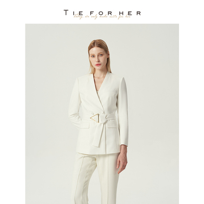 TieForHer Leona奶昔白束腰修身显瘦职场通勤高智女西装上衣