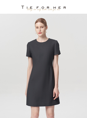 TieForHer Austin学霸裙 炭灰色短袖裙子优雅显瘦通勤A字连衣裙