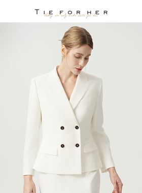 TieForHer职场通勤精致优雅肌理感白色西装上衣短外套女