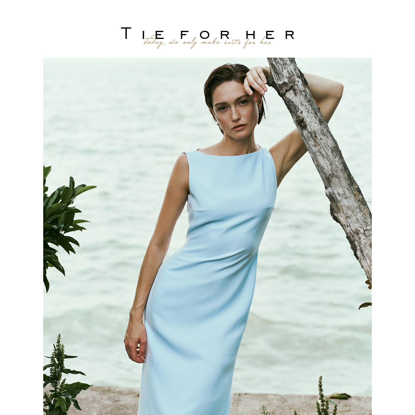 TieForHer Queensland缪斯醋酸裙 鱼尾一字领通勤气质修身连衣裙
