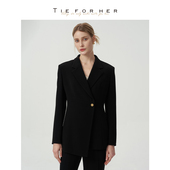 TieForHer静谧黑高级金属扣收腰修身 职场设计感西装 上衣外套女
