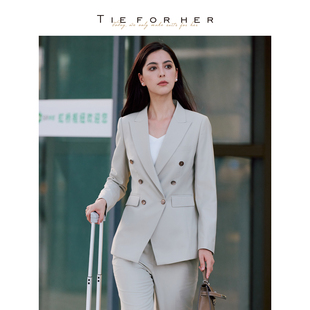 套裝 TieForHer 燕麥色雙排扣修身 職場精致通勤女士高端西服九分褲