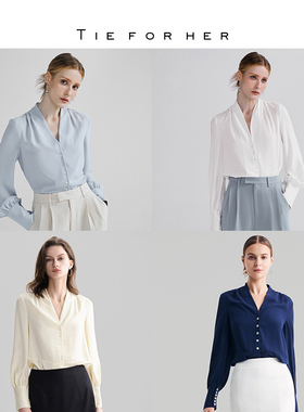 TieForHer Vero高圆圆款 白衬衫女 V领长袖 高级感法式通勤上衣