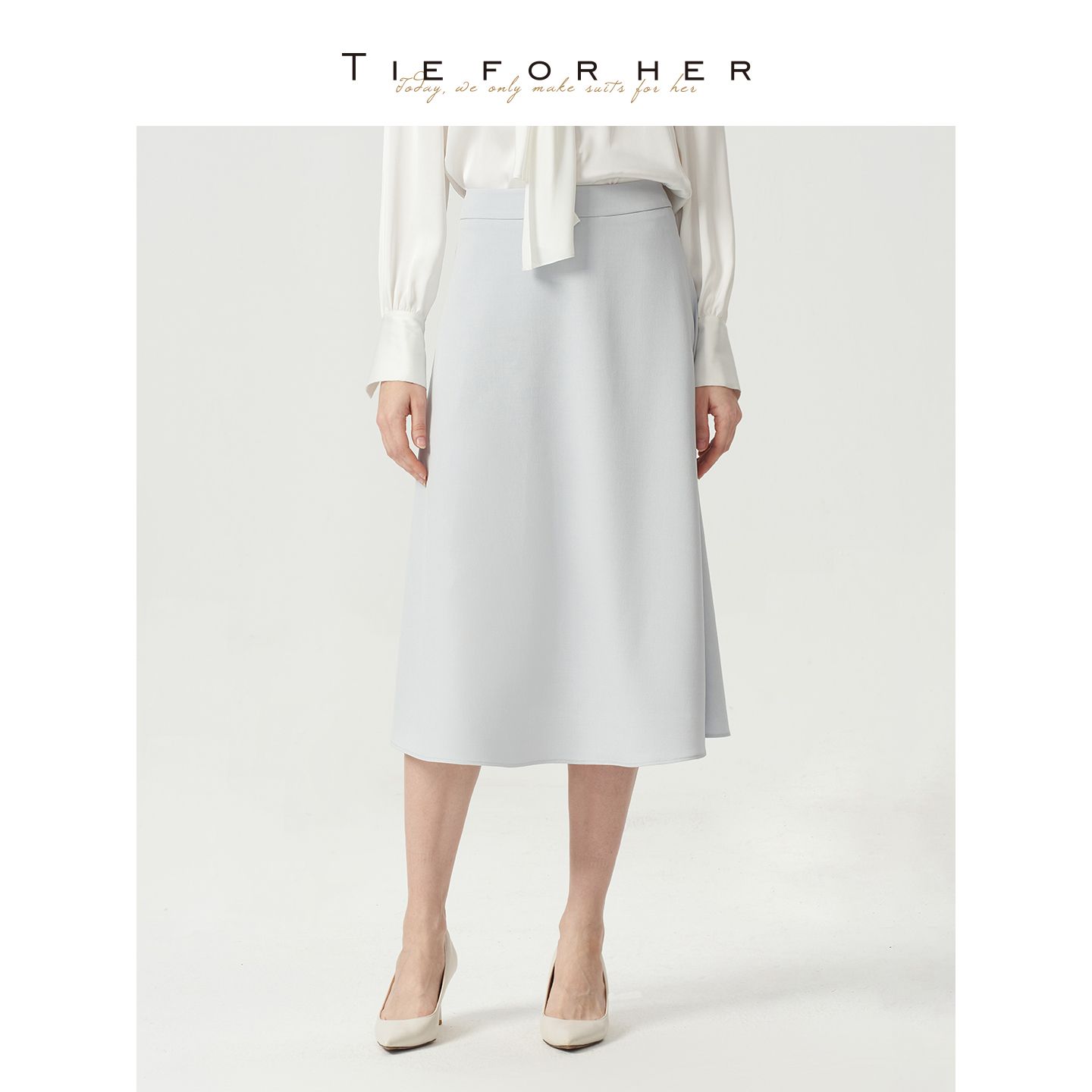 TieForHer Naya蓝色A字半身裙女显瘦通勤过膝长裙复古优雅千金风