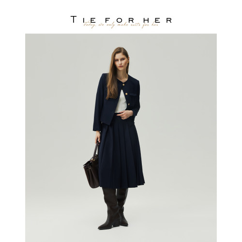 TieForHer深海蓝高腰A字半裙立体压褶设计感长半裙 26早秋新款