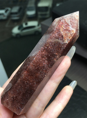 天然草莓晶柱子摆件闪亮红色水晶打磨单尖六棱柱子摆件