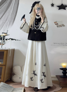 玉术原创汉服女【庄生梦晓】冬款加厚圆领比甲八破裙国风套装现货