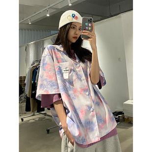 DNT/韩火火周雨彤最爱的扎染花色衬衣港风明星同款短袖衬衫女夏潮